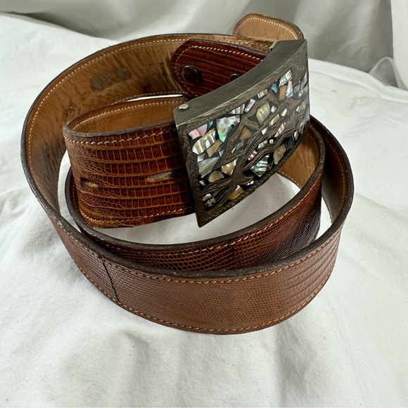 Vintage sterling 925 abalone belt buckle marlin Tony Lama lizard Mexico size 38 - Picture 9 of 15